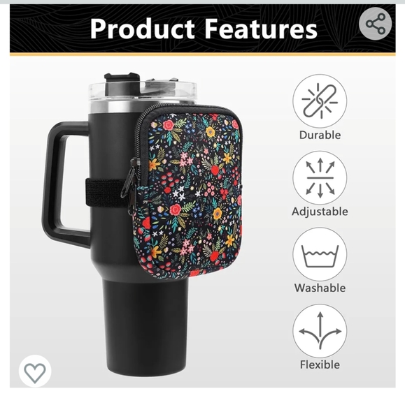 NEW IN BAG Black Floral Zippered Pouch for 20, 30, 40oz Tumblers - Picture 2 of 4